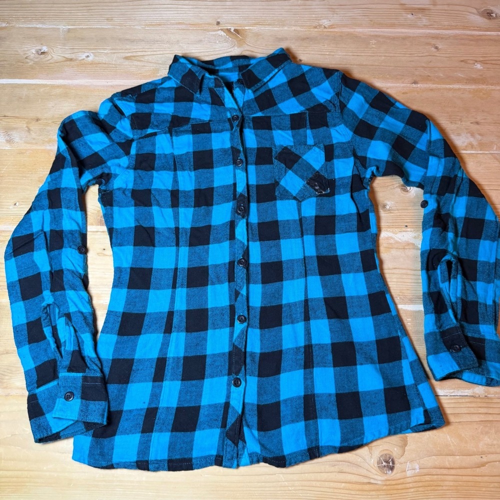 Metal Mulisha Womens Turquoise Blue Black Plaid Flannel Button Down Shirt Medium